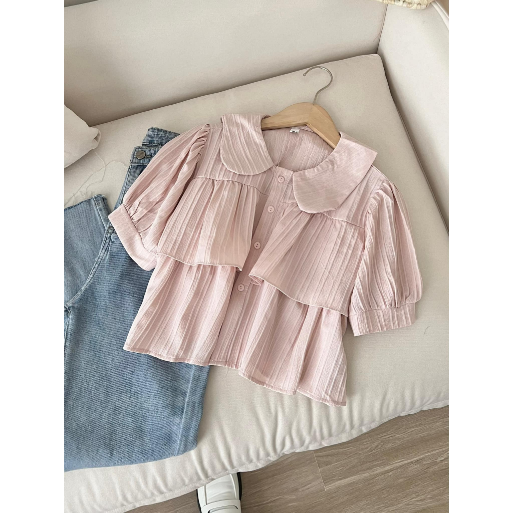 Áo sơ mi cổ sen 2 tầng dáng xòe ngắn tay bồng màu ngọt