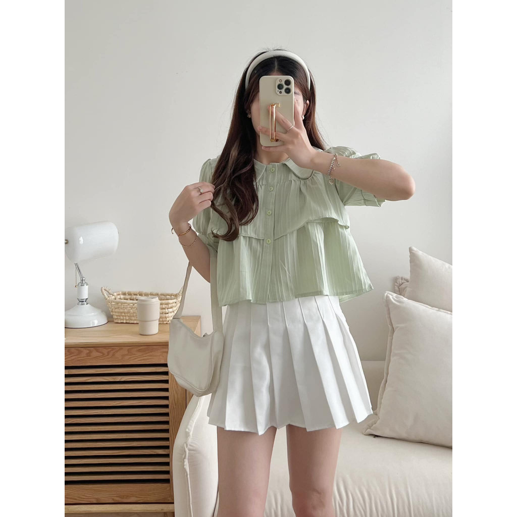 Áo sơ mi cổ sen 2 tầng dáng xòe ngắn tay bồng màu ngọt