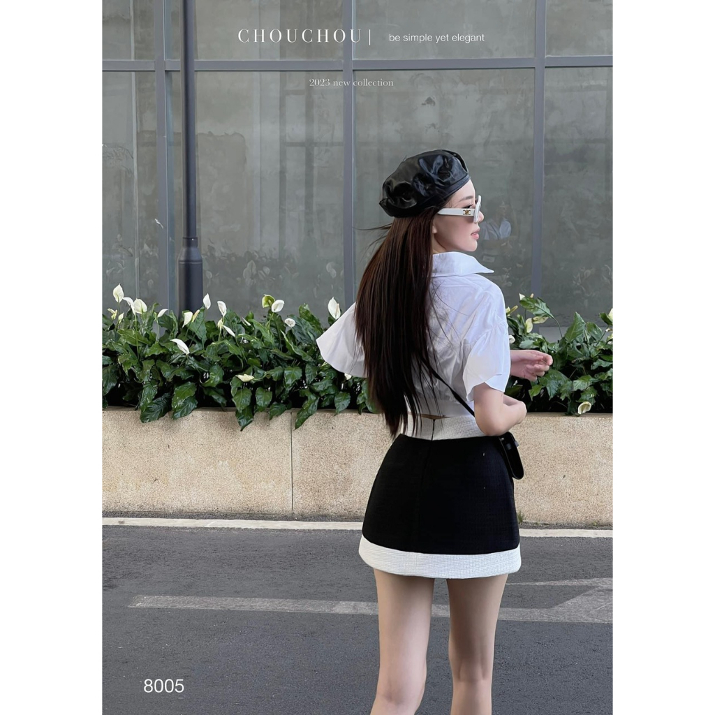 Set áo sơ mi croptop tay loe kèm chân váy dạ dáng chữ A phối cạp trắng