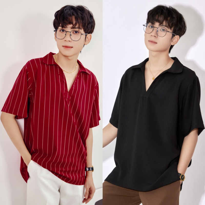 Áo Sơ Mi MARU Tay Ngắn Cổ V. MARU V Shirt Có 2 Màu Đen Và Đỏ Sọc.