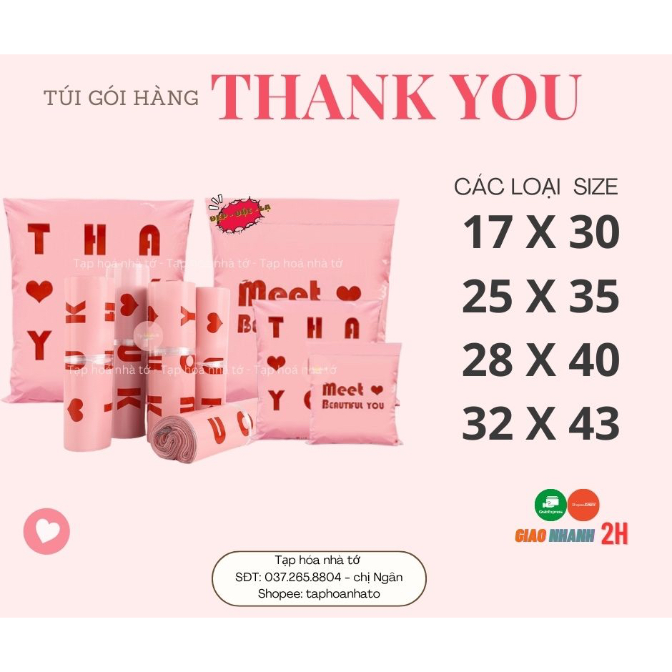 TÚI GÓI HÀNG NIÊM PHONG CUTE CAO CẤP IN HÌNH THANK YOU - MÀU HỒNG PASTEL