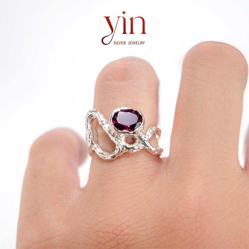 Nhẫn bạc 950 Kama 2 Ring đá Garnet thiên nhiên cá tính thời trang - Yin Silver Jewelry