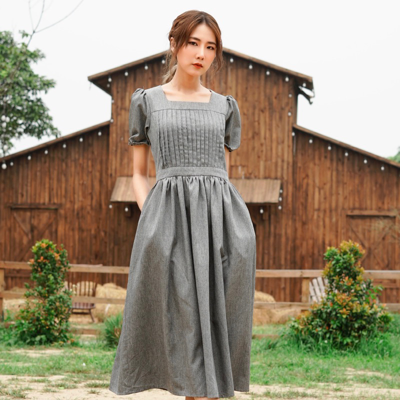 Váy xoè dáng dài ôm eo cổ vuông, tay bồng, xếp ly ngực thanh lịch dành cho nữ Mya dress Caffeine Studio