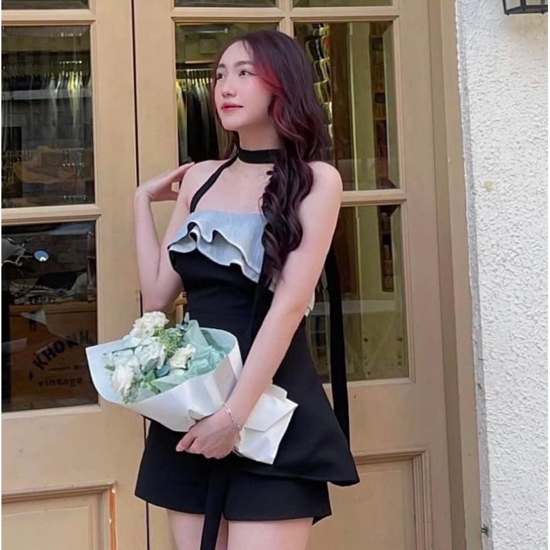 Set Áo Quây Bèo Dây Chéo Cổ Mix Chân Váy A  Kèm Ảnh Thật