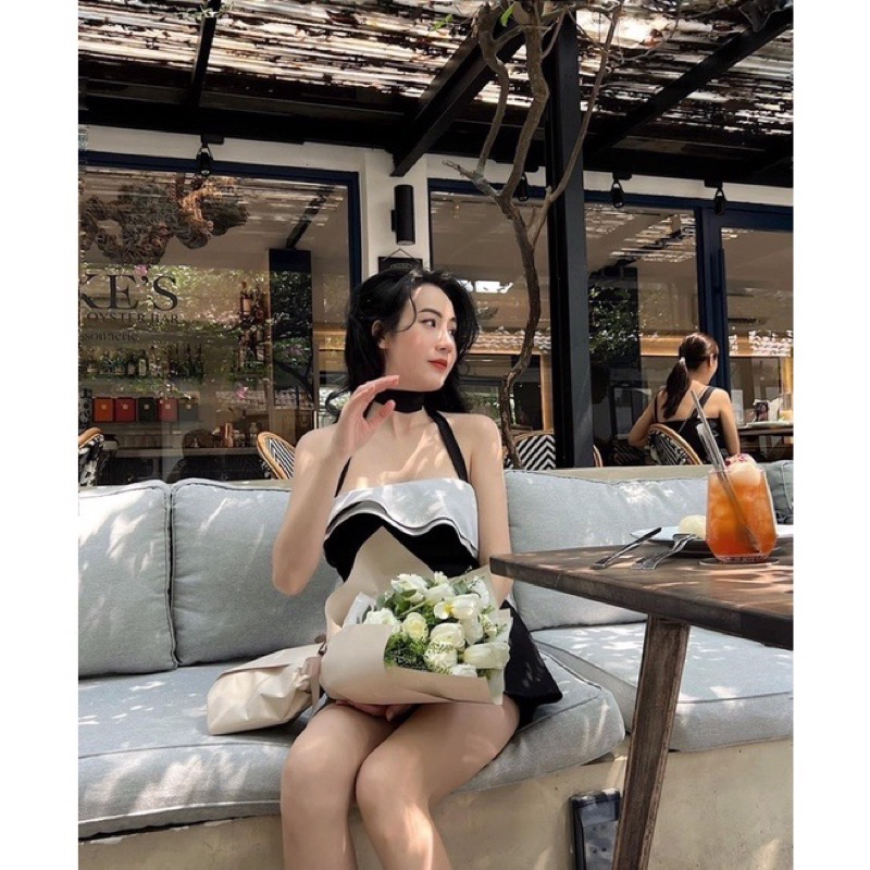 Set Áo Quây Bèo Dây Chéo Cổ Mix Chân Váy A  Kèm Ảnh Thật