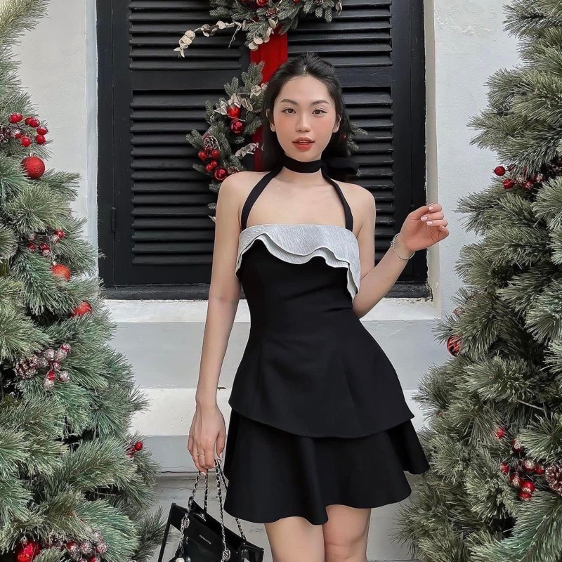 Set Áo Quây Bèo Dây Chéo Cổ Mix Chân Váy A  Kèm Ảnh Thật