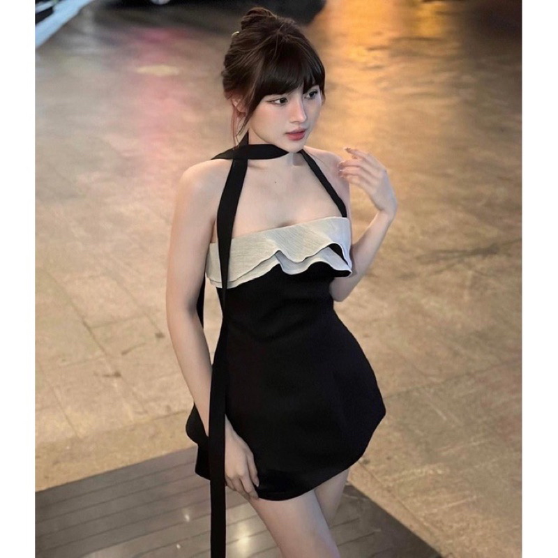 Set Áo Quây Bèo Dây Chéo Cổ Mix Chân Váy A  Kèm Ảnh Thật