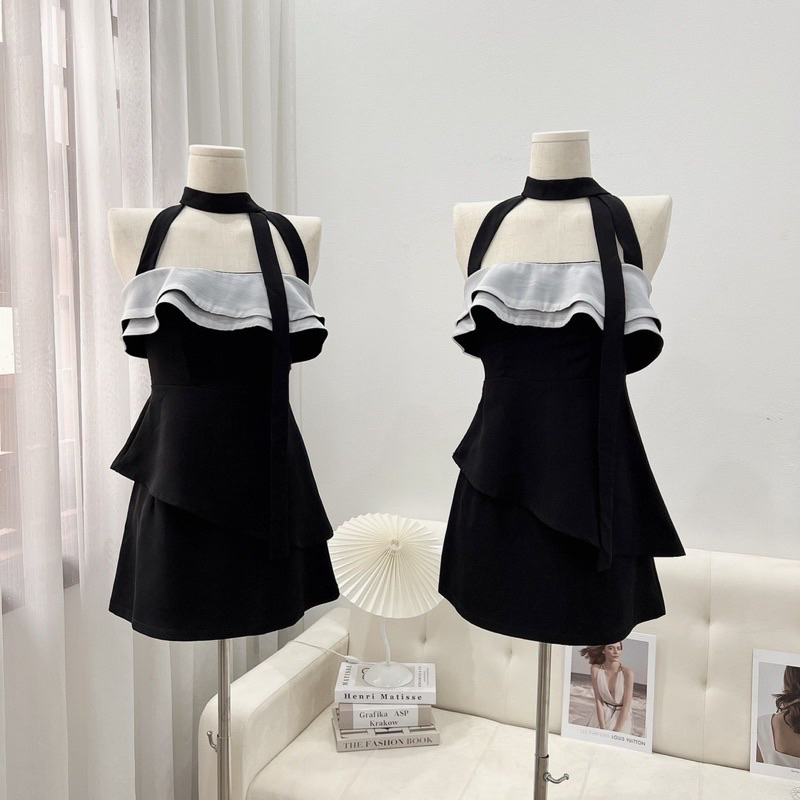 Set Áo Quây Bèo Dây Chéo Cổ Mix Chân Váy A  Kèm Ảnh Thật