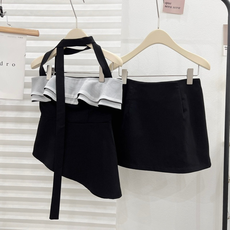 Set Áo Quây Bèo Dây Chéo Cổ Mix Chân Váy A  Kèm Ảnh Thật