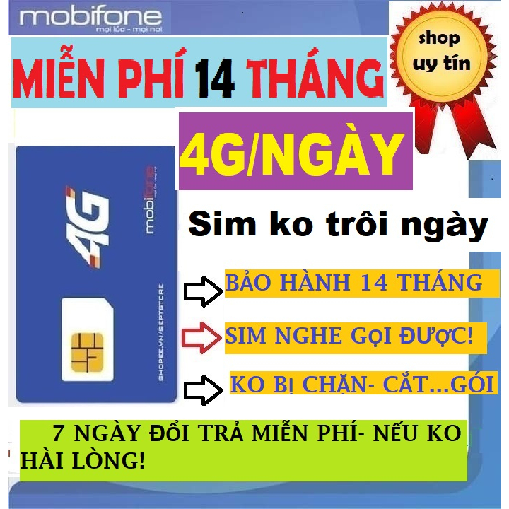 Sim 4G Mobifone 21G12,4gb/ngày -Miễn phí 14 tháng, 10 tỷ Gb tốc độ thường -Hàng chính hãng