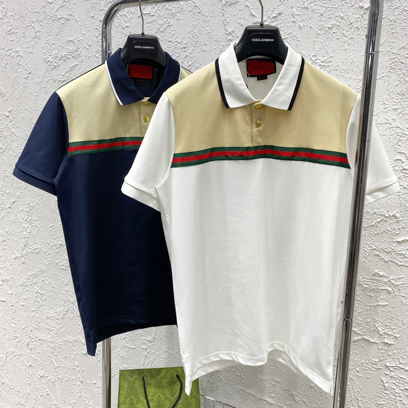 Áo polo nam cổ bẻ cotton gai GG thêu vạch xanh đỏ ngang ngực phối màu be cúc cài đồng đúc chữ