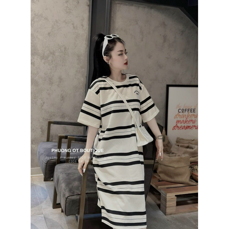 Đầm Suông Kẻ Ngang Phom Rộng Mã QT032