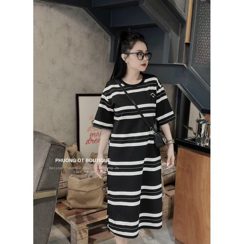 Đầm Suông Kẻ Ngang Phom Rộng Mã QT032