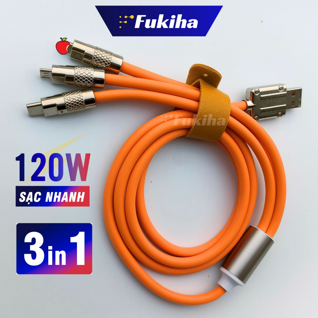 Dây Sạc Nhanh 3 Đầu 120w 6A 3-in-1 Fukiha⚡️100% Đồng Nguyên Chất⚡️Siêu Bền Bảo Hành 12 Tháng