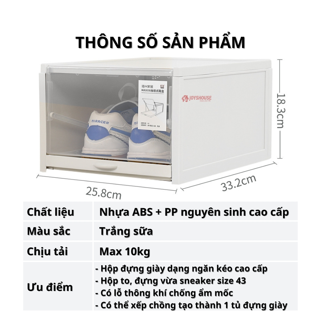 Hộp đựng giày ngăn kéo cao cấp JOYSHOUSE size rộng có lỗ thoáng khí chịu lực tốt có thể xếp chồng thành tủ đựng giày