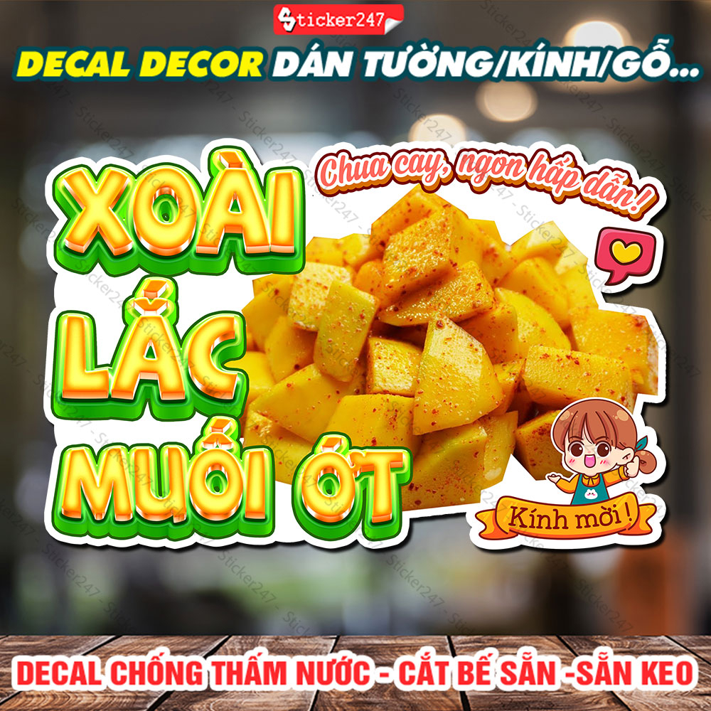 Tranh Dán Tường Xoài Lắc Muối Ớt 🌈 Decal Dán Tường Trang Trí Quán Trà Sữa, Ăn Vặt - Chống Thấm Nước, Cắt Sẵn