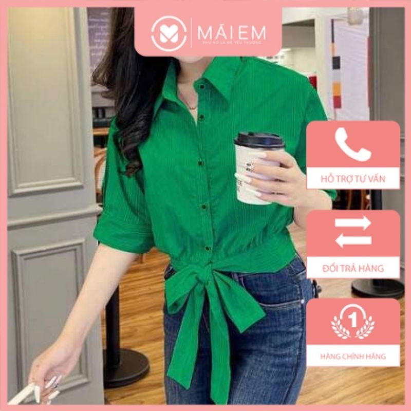 Áo sơ mi kiểu màu xanh tay lửng có dây buộc chất đẹp from chuẩn_A8066