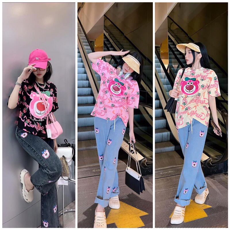 Set Bộ Gấu Lotso Áo Thun From Rộng + Quần Jean Dài Baggy Cao Cấp