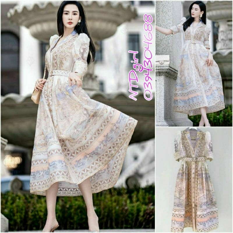 Hàng nhập - Đầm dáng xòe lụa tơ mát lạnh in hoa văn, váy dự tiệc cổ vest tay ngắn sang trọng
