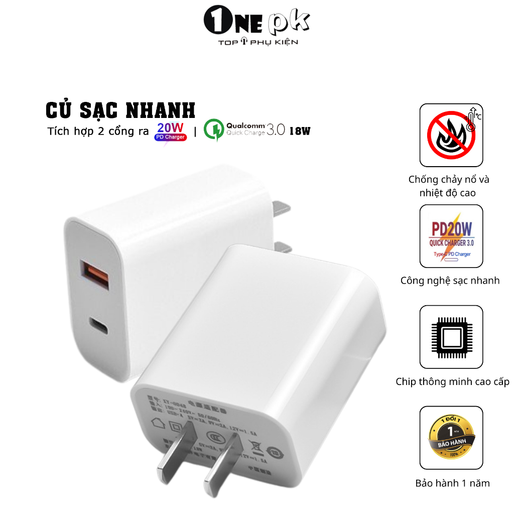 Củ sạc nhanh PD20w bảo vệ pin 2 đầu ra dành cho iphone và android