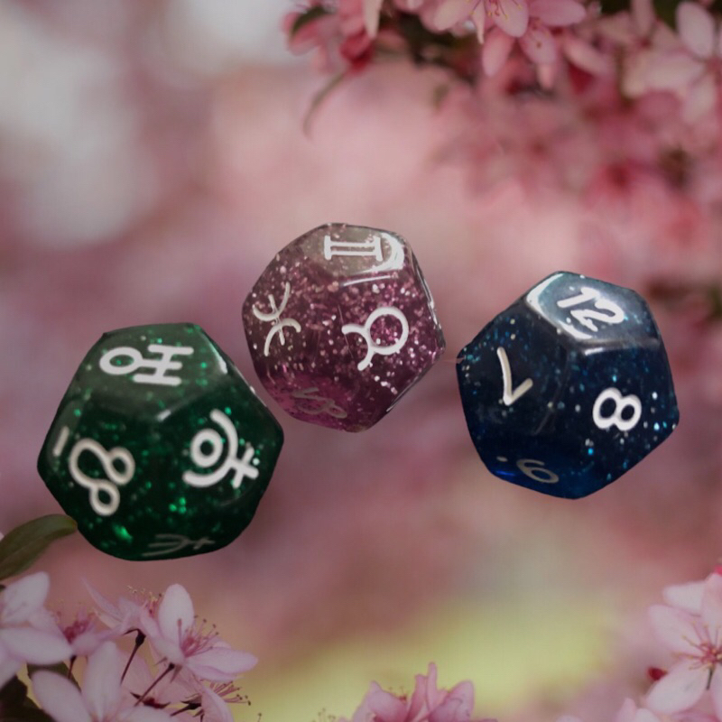 Set 3 viên xúc xắc, 12 mặt nhựa chiêm tinh và tarot