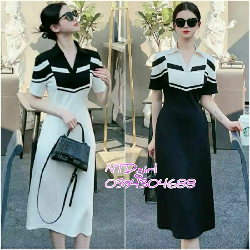 Hàng nhập - Đầm dáng xòe thun mát lạnh cổ sơ mi, váy xòe phối màu trắng đen thanh lịch