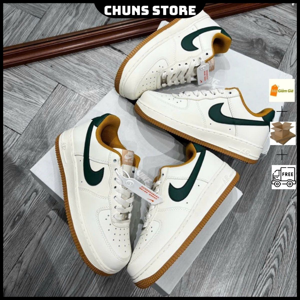 giày AF1 kem lót nâu kẻ xanh lá cao cấp, giày air force one Beige green low mới