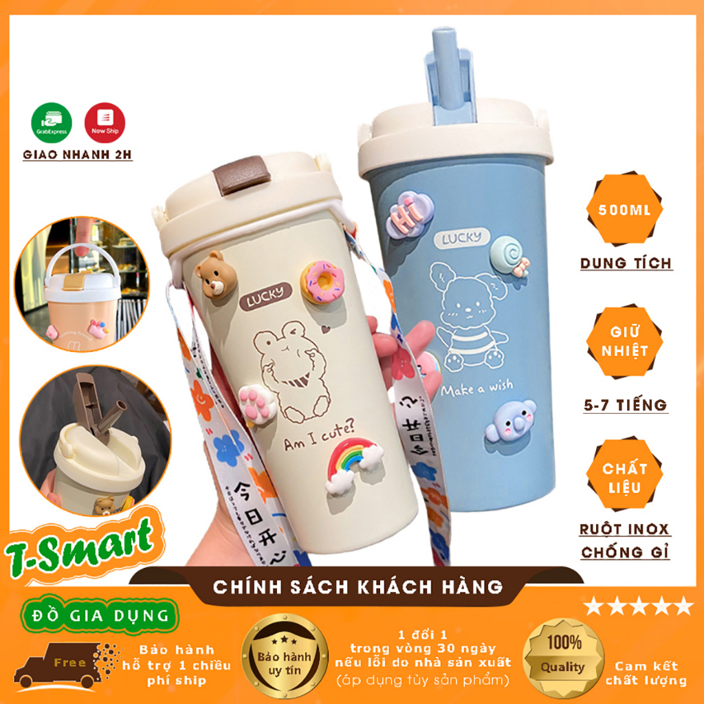 Bình, Ly Đựng Nước Giữ Nhiệt 500ML Inox 304 Cao Cấp, Hình Dễ Thương Có Ống Hút Tiện Lợi