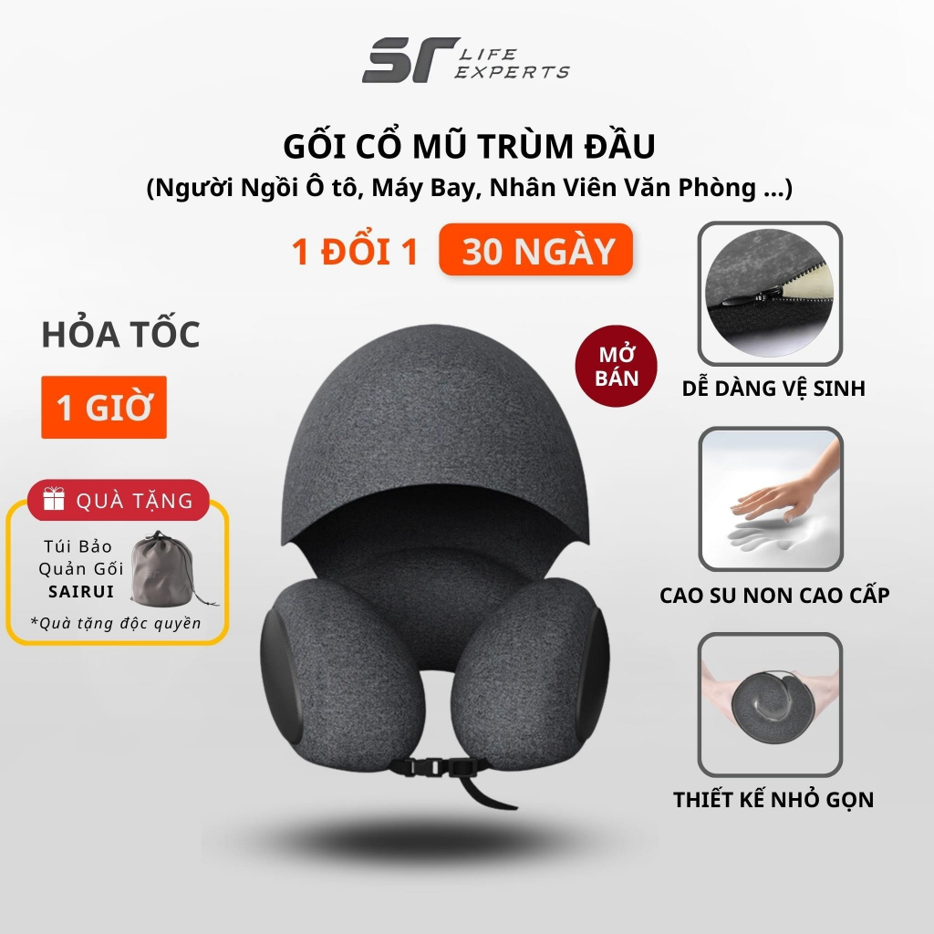 Gối Cổ U Mũ Trùm Đầu, Kê Cổ Cao Su Non Công Thái Học Chống Đau Mõi Vai Gáy, Tựa Cổ Đi Máy Bay, Ô Tô, Du Lịch - Sairui