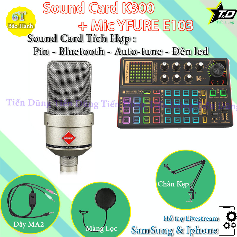 Mic thu âm E103 Sound Card K300 có bluetooth, auto-tune, tích hợp pin  chân màng dây livestream 3 màu
