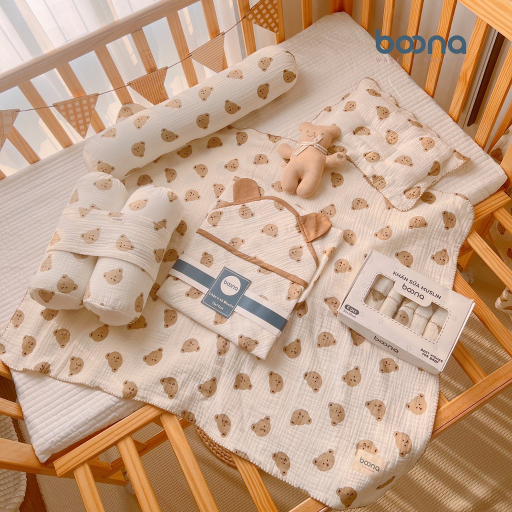 Combo sơ sinh Boona cho bé trai, bé gái 6-8  sản phẩm muslin cao cấp, khăn tắm, ủ choàng, gối sơ sinh, gối ôm, khăn sữa
