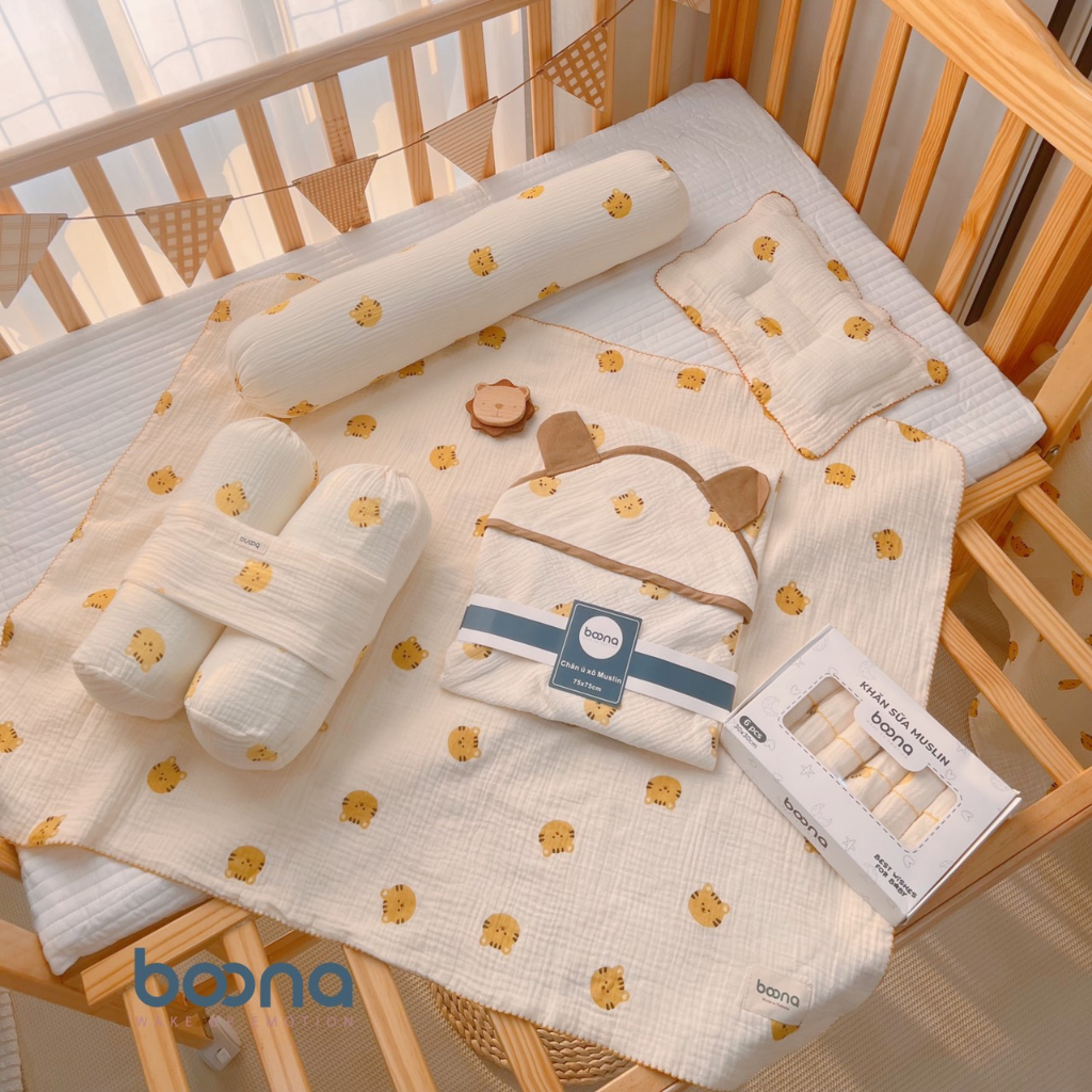 Combo sơ sinh Boona cho bé trai, bé gái 6-8  sản phẩm muslin cao cấp, khăn tắm, ủ choàng, gối sơ sinh, gối ôm, khăn sữa
