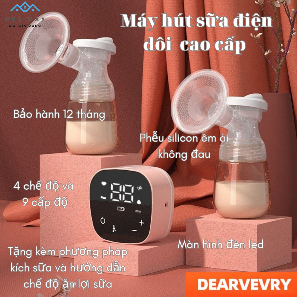 Máy hút sữa điện đôi 4 chế độ, 9 cấp hút lực hút mạnh phễu silicon massage kích sữa về nhanh nhẹ nhàng không đau