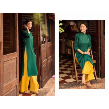 Áo dài cách tân trơn dáng xuông màu xanh rêu