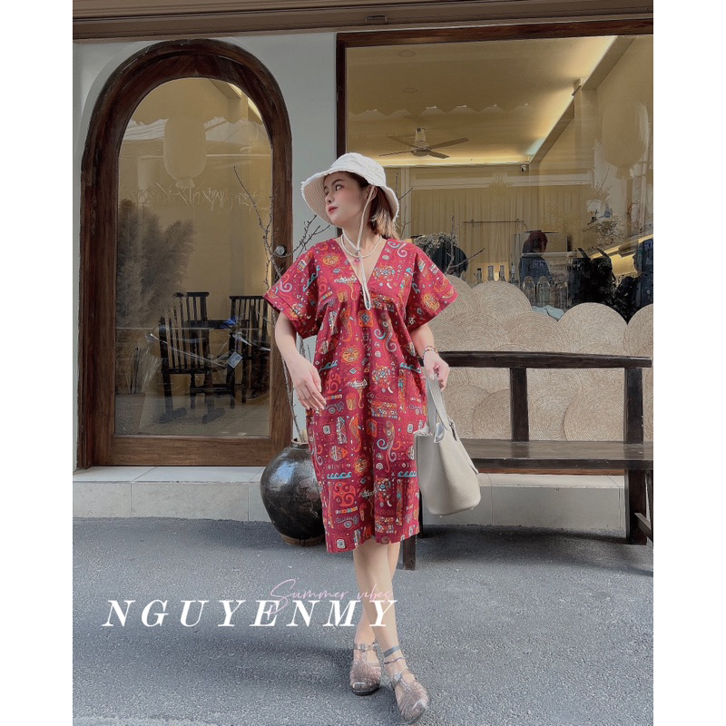 Đầm linen xuông hoạ tiết