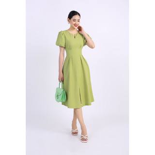 Đầm Xòe Xẻ Tà Thiết Kế Sarah Cổ V Tay Bồng Chiết Eo Thanh Lịch, Chất Lụa Xốp Cao Cấp Mềm Mịn