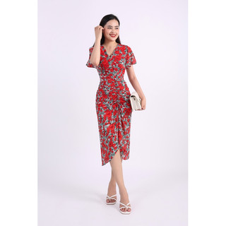 Đầm Voan Thiết Kế Dáng Ôm Nữ Sarah Hai Lớp Nhún Eo Hoạ Tiết Hoa, Chất Liệu Lụa Cao Cấp