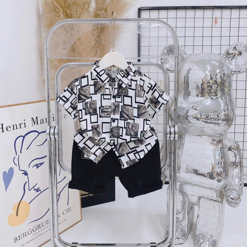 Bộ cộc tay áo sơ mi lụa, quần kaki rách cho bé trai từ 9-22kg