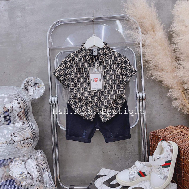 Bộ cộc tay áo sơ mi lụa, quần kaki rách cho bé trai từ 9-22kg