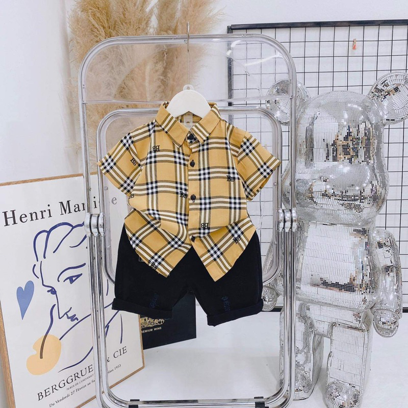 Bộ cộc tay áo sơ mi lụa, quần kaki rách cho bé trai từ 9-22kg