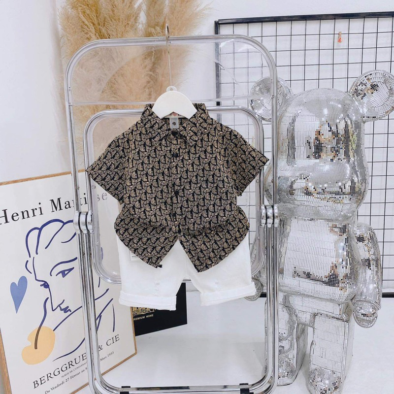 Bộ cộc tay áo sơ mi lụa, quần kaki rách cho bé trai từ 9-22kg