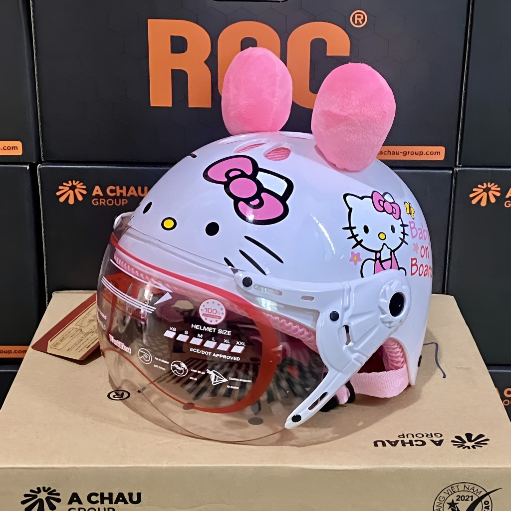 Nón bảo hiểm trẻ em có kính hình hello kitty cho bé từ 3 đến 7 tuổi chính hãng, có tem bảo hành ĐẠT CHUẨN