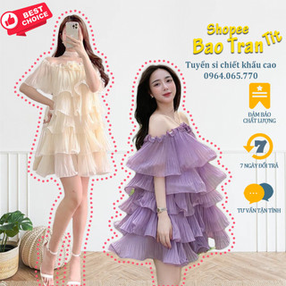 Đầm cổ yếm tag hoa dập ly nhiều tầng 2 màu đẹp lắm luôn