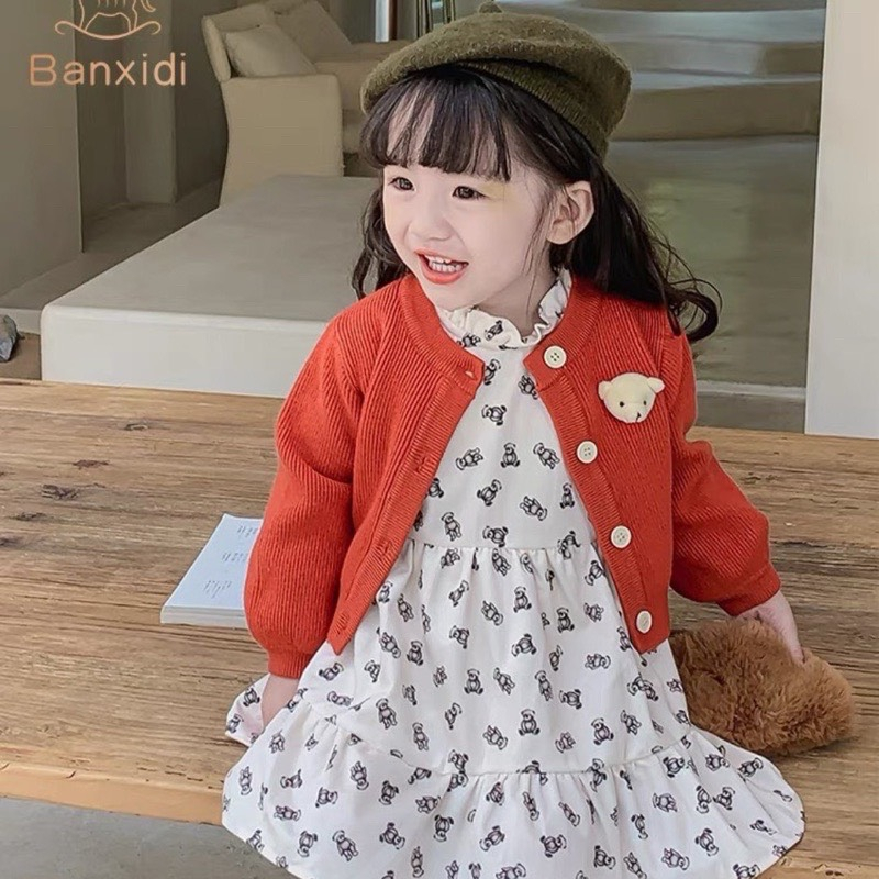 Set váy áo bé gái kèm cardigan len xinh xắn Đầm bé gái, trẻ em thu đông dài tay từ 1-7 tuổi