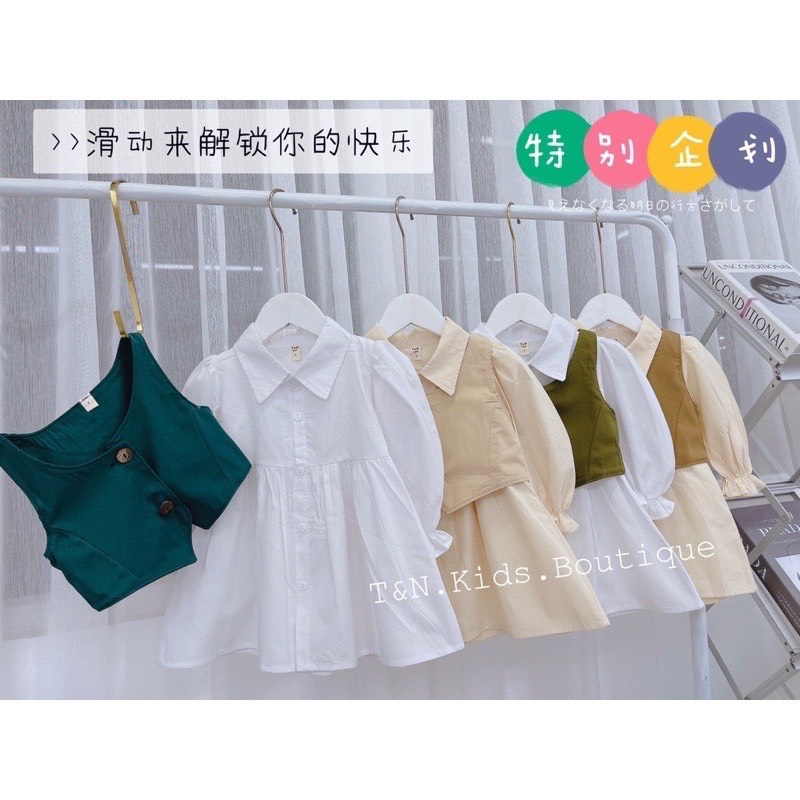 Set váy sơ mi kèm áo gile cho bé gái Đầm bé gái, trẻ em đi học, đi chơi từ 1-6 tuổi