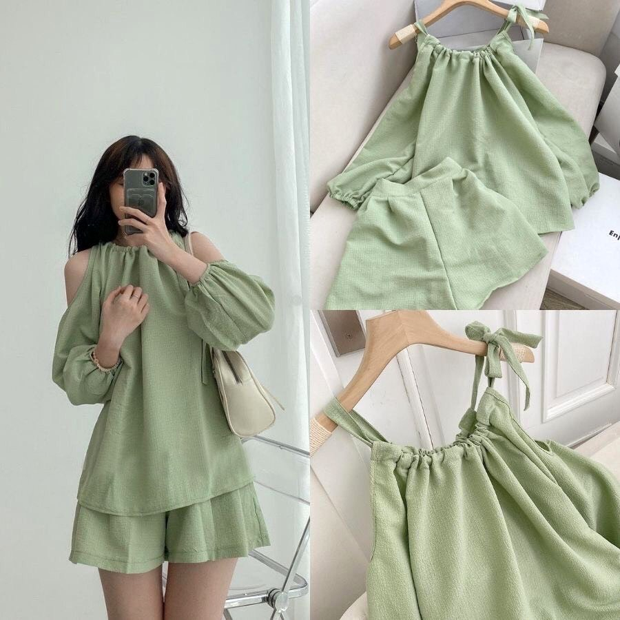 SET ÁO SƠ MI DÀI TAY KHOÉT VAI KÈM QUẦN SHORT VAI BUỘC NƠ