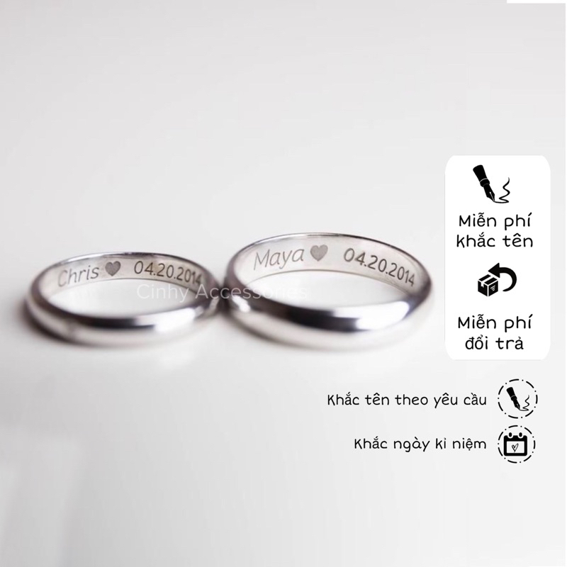 Nhẫn Cuff Cặp Đôi Cinhy Accessories, Khắc Tên Theo Yêu Cầu Chống Gỉ Chống Phai Màu Full Box -NH02