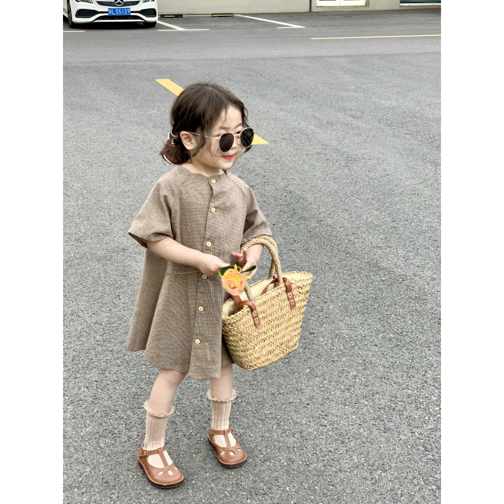 Đầm houndstooth kiểu dáng Pháp vintage HAMSTER BABY  chất cotton cho bé gái