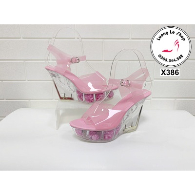 Dép đế xuồng 10cm đế trong gắn hoa hồng quai trong 5 màu đen trắng vàng hồng đỏ quai cài cổ chân X386