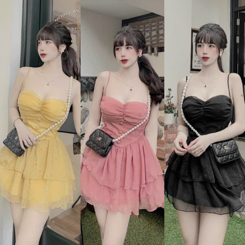 Đầm Dây Tơ Chifon Cúp Ngực Nút Bọc Tầng Xoè Siuu Bén Fom Đỉnh